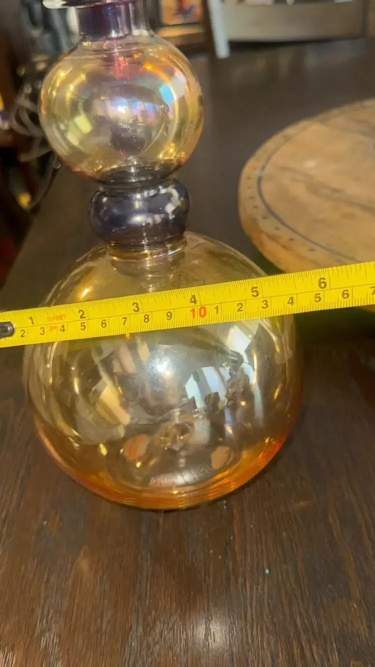 Vintage Rainbow Glass Italian Amber and Blue Art Glass Decanter Burgundy Stopper